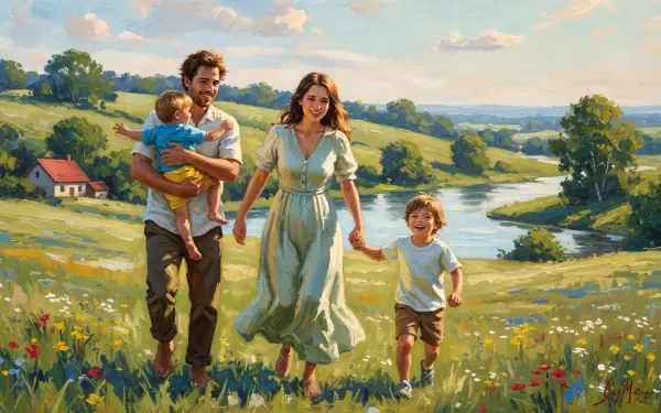 4K Ultra HD PC desktop wallpaper background: Happy Family — parents and two children walking hand in hand through a sunlit riverside meadow under blue skies.