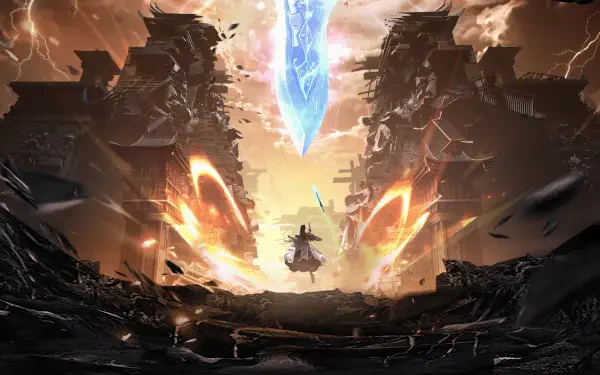 HD PC desktop wallpaper background of Renegade Immortal TV show: lone cultivator faces a collapsing citadel as a blue crystal descends, fiery eyes and shattered ruins framing the scene.