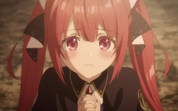 HD anime desktop wallpaper: Sophia Clodel from Jack-of-All-Trades Party of None — red twin‑tailed girl with pink eyes, clasped hands and a worried, pleading expression.