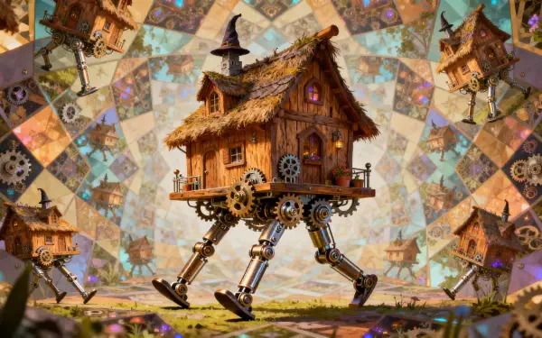 Steampunk walking wooden cottage on articulated metal legs with visible gears, set against a kaleidoscopic patchwork sky and floating houses — 4K Ultra HD PC Desktop Wallpaper and Background
