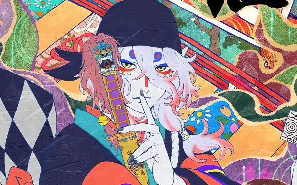 4K Ultra HD PC desktop wallpaper: anime-style Kusuriuri (Mononoke) in elaborate robes and mask, white hair, finger to lips against a vivid patterned background.