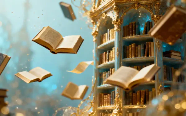 4K Ultra HD PC desktop wallpaper: ornate golden rotunda library with tall shelves and books floating midair against a soft turquoise bokeh background.
