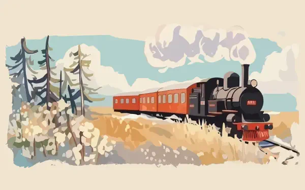 Vintage digital art landscape of a steam train crossing golden fields under warm pastel skies — warm colors, 2K Quad HD PC desktop wallpaper/background illustration.