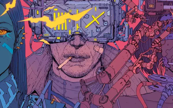 Neuromancer-inspired cyberpunk 2K Quad HD desktop wallpaper: a grizzled smoker wearing a neon visor with waveform and X, surrounded by robotic arms in pink-and-blue synthwave tones.