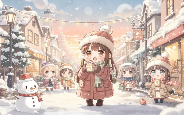 Kawaii winter 4K Ultra HD PC desktop wallpaper and background: chibi girls in a snowy village at sunset, center girl holding a hot drink, a snowman and string lights adding festive charm.