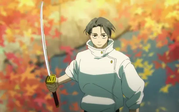 HD PC desktop wallpaper of Yuta Okkotsu (Jujutsu Kaisen) standing with a drawn sword amid vibrant autumn foliage, wearing a white jacket and a calm, determined expression.
