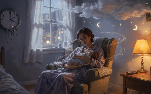 4K Ultra HD PC desktop wallpaper and background showing a parent cradling a newborn in a cozy armchair by a moonlit window, warm lamp glow and drifting stars in a dreamy night scene.