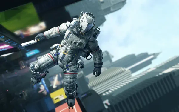 4K Ultra HD PC desktop wallpaper and background from the video game Pragmata: an armored astronaut drifting past neon-lit skyscrapers above a futuristic city.