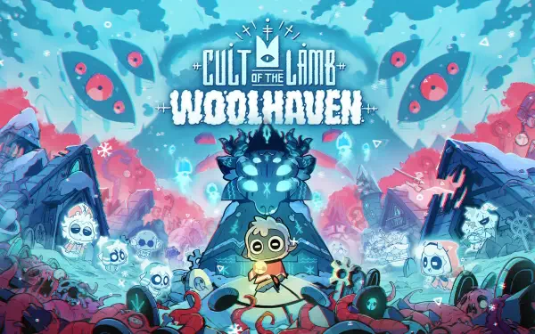 HD PC desktop wallpaper of the video game Cult of the Lamb: Woolhaven — the lamb cult leader stands before a glowing totem amid skulls, tentacles and an eerie, colorful mountain landscape.