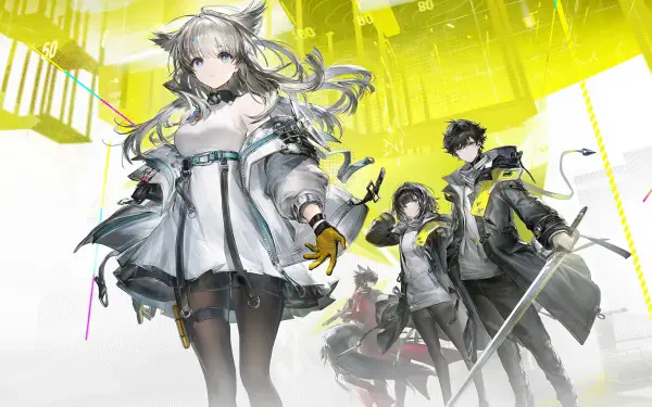 4K Ultra HD PC desktop wallpaper of the video game Arknights: Endfield, showing a fox-eared heroine and three allies posed against a vivid yellow-white futuristic cityscape background.