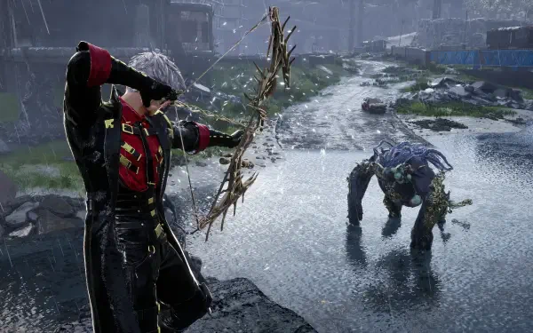 Video game HD PC desktop wallpaper — Code Vein II: cloaked archer draws a thorned bow in a rain-soaked ruined city, confronting a snarling monstrous enemy.