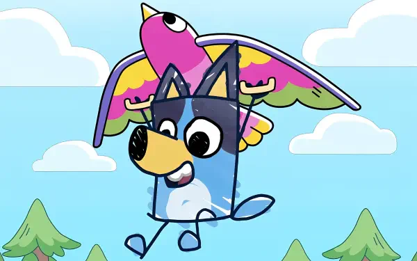 4K Ultra HD PC desktop wallpaper: Bluey (TV show) drawing of the pup joyfully flying with a colorful kite above treetops and clouds.