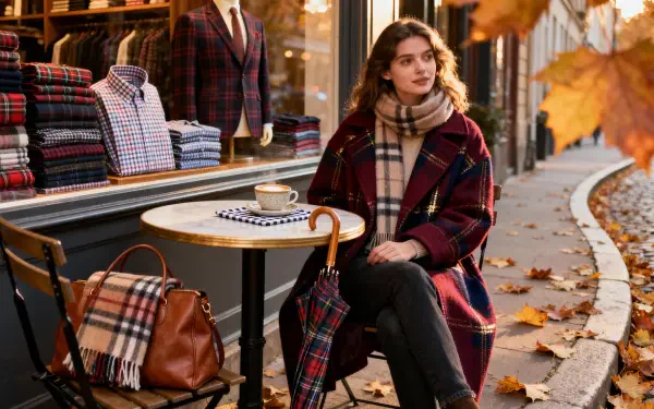 4K Ultra HD PC desktop wallpaper: autumn café street scene with a person in a plaid coat and scarf seated at a table, plaid accessories and fallen leaves lining the sidewalk.
