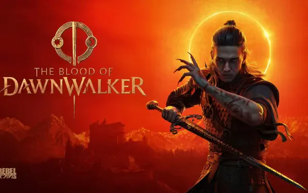 4K Ultra HD PC desktop wallpaper for the video game The Blood of Dawnwalker — lone warrior with a bloodied sword and glowing halo, set against a fiery red, ruined landscape.