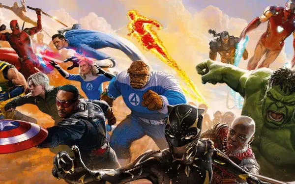 Marvel Studios movie HD PC desktop wallpaper: ensemble of heroes — Black Panther foreground, Iron Man, Captain America, Hulk, Fantastic Four and others charging through a fiery sky battle.