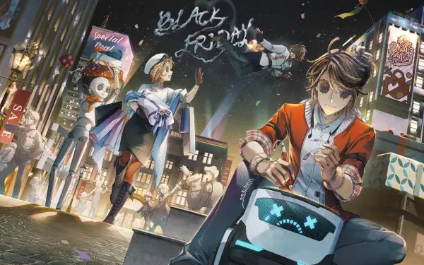 Identity V video game 4K Ultra HD PC desktop wallpaper and background — two stylized characters in a neon-lit city at night, one tinkering with a glowing mechanical device.