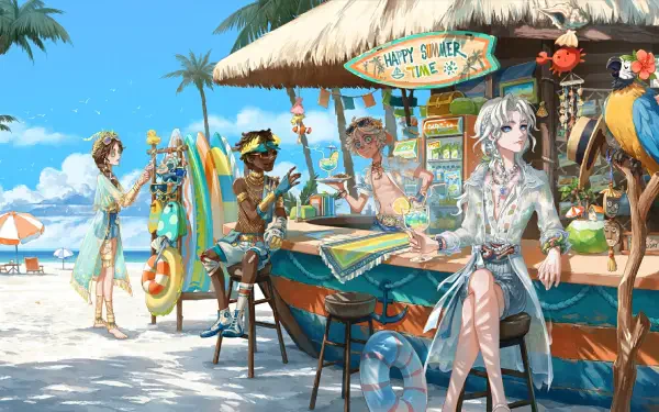 Identity V video game 2K Quad HD PC desktop wallpaper and background: tropical beach bar with four characters in summer attire, surfboards, drinks and a bright sunny shoreline.