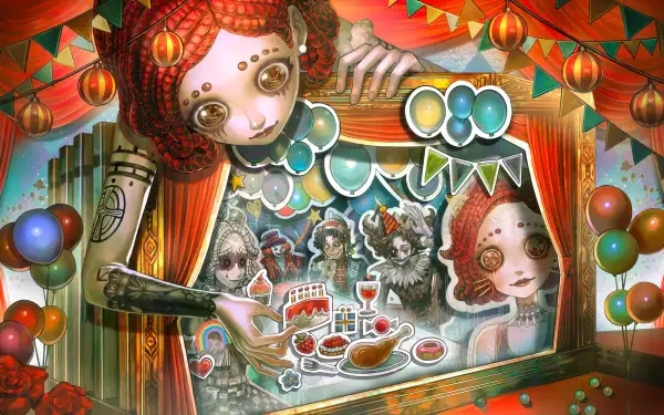HD PC desktop wallpaper/background — video game Identity V: surreal carnival puppet show with a giant doll looming over a miniature stage where masked characters dine amid balloons and lanterns.