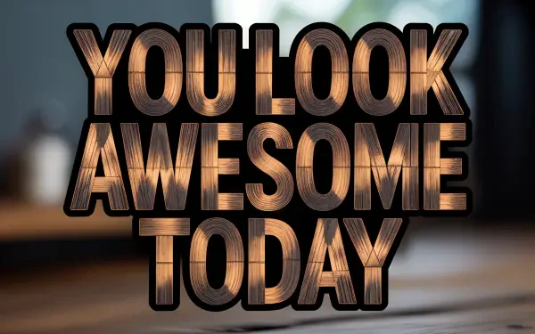 Motivational 4K Ultra HD PC desktop wallpaper: bold wooden-textured letters read YOU LOOK AWESOME TODAY over a softly blurred background.