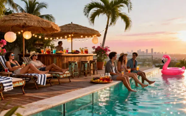 Sunset poolside vibe: friends lounging at a tiki bar and dipping feet in a turquoise pool with palm trees, city skyline and a pink flamingo float — 4K Ultra HD PC desktop wallpaper/background.
