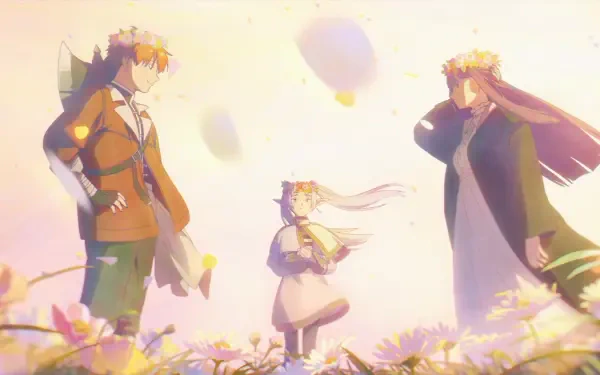 HD anime desktop wallpaper from Frieren: Beyond Journey's End, featuring Stark, Frieren and young Fern standing in a sunlit field of flowers, pastel glow and a gentle breeze.