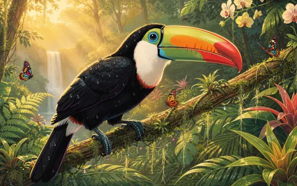 Vibrant toucan perched on a mossy branch in a sunlit tropical jungle with butterflies, 4K Ultra HD PC desktop wallpaper and background