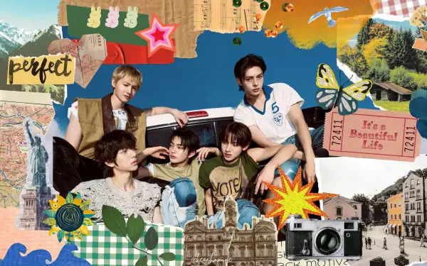 2K Quad HD PC desktop wallpaper collage of K-pop boy band Cortis posed by a van amid vintage travel ephemera, butterflies, a camera and cutout cityscape elements.