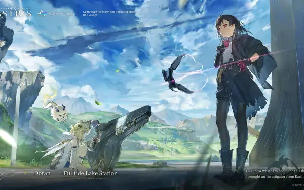 Ex Astris official HD PC desktop wallpaper: lone traveler with a mechanical bird on a cliff, overlooking green valleys and floating ruins beneath a bright blue sky.