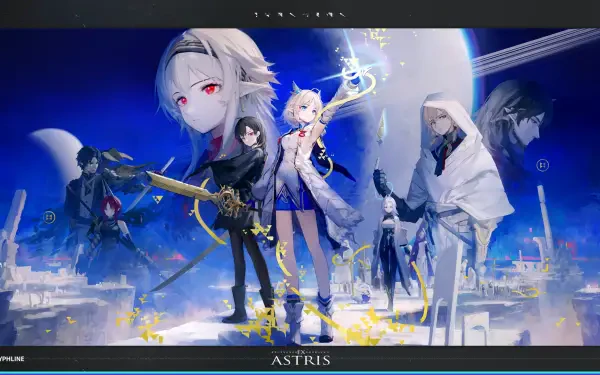 Ex Astris official HD PC desktop wallpaper: a blue, moonlit cityscape with five stylized characters—center blonde mage glowing, flanked by cloaked warriors and futuristic architecture.