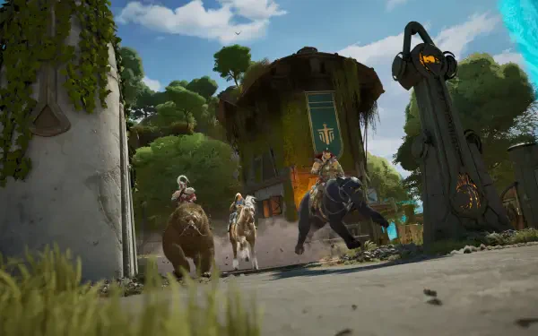 HD PC desktop wallpaper from the video game Highguard: three armored riders on mounts charging through a sunlit courtyard past banners and a towering stone monolith under a bright blue sky.