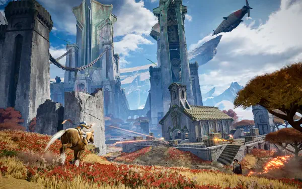 HD PC desktop wallpaper and background: Highguard video game gaming environment with towering ruined spires, a mounted rider, distant airship, autumn grass and a vivid sky.