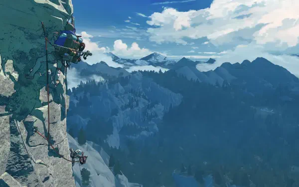 HD PC desktop wallpaper/background from the video game Cairn: climbers ascending a sheer rock face with ropes, overlooking a vast misty mountain range beneath a bright sky.