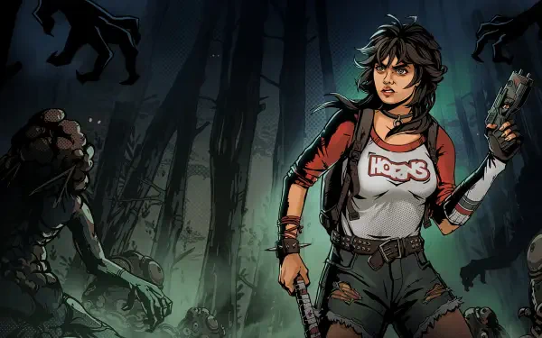 4K Ultra HD PC desktop wallpaper for the video game I Hate This Place: armed heroine in torn clothes stands ready in a foggy, moonlit forest as shadowy, snarling creatures close in.