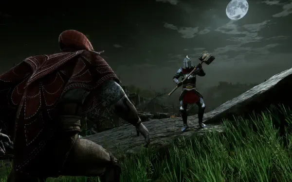 HD PC desktop wallpaper background from the video game Vampires: Bloodlord Rising — crouched vampire ambushing an armored foe on a moonlit hill.