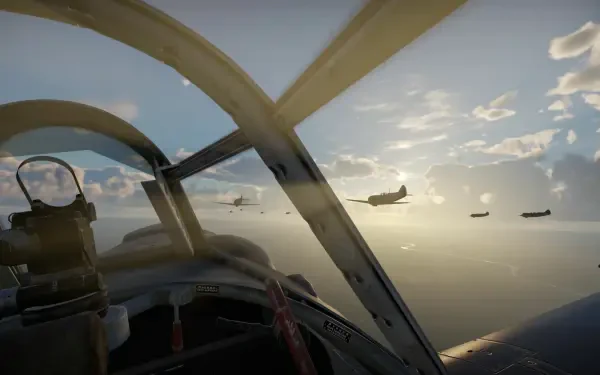 HD PC desktop wallpaper for the video game Aces of Thunder: cockpit view over the ocean as a squadron of vintage fighters flies toward a glowing sunset.