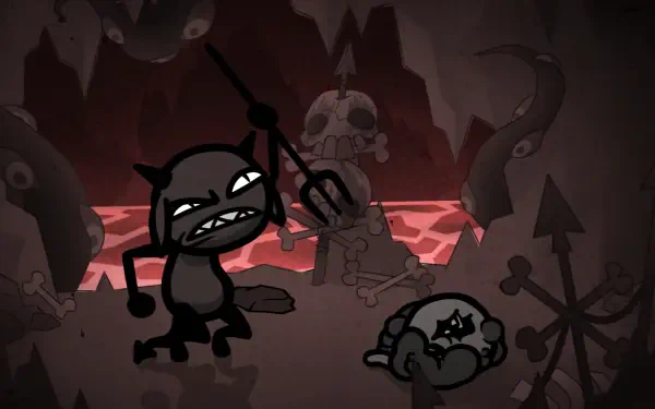 HD PC desktop wallpaper from the video game Mewgenics: a cartoonish black cat-like demon with a pitchfork snarls over a wounded kitten in a skull-strewn lava cave.