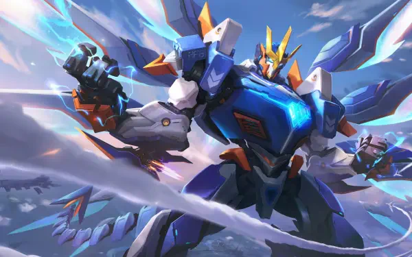 8K Ultra HD PC wallpaper: League of Legends' Galio as a blue armored mech, wings unfurled, surging through icy-blue energy and storm-tossed skies.