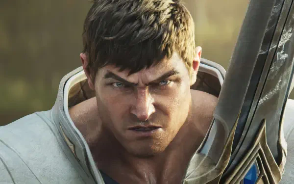 4K Ultra HD PC desktop wallpaper of League of Legends hero Garen — close-up of his armored, determined face and a massive sword.