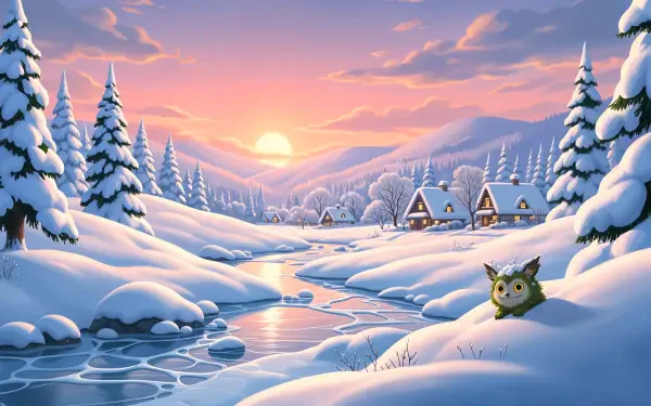 4K Ultra HD PC desktop wallpaper — winter wonderland sunrise: snow-laden pines, cozy cottages by a winding frozen stream, pink sky and a small owl on the snowbank.