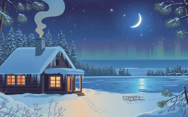 winter night cabin snow lake moon HD Desktop Wallpaper | Background Image