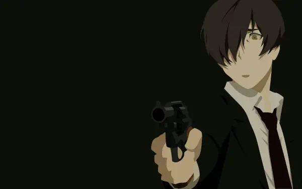 Minimalist 91 Days anime 5K Ultra HD PC desktop wallpaper: Avilio Bruno in a suit aiming a revolver against a dark background.