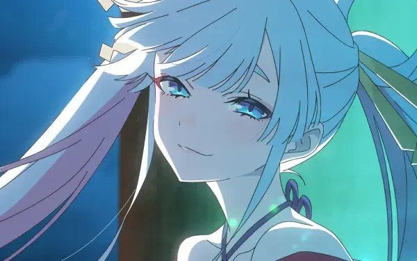 Anime HD PC desktop wallpaper — Cosmic Princess Kaguya!: close-up of a serene silver-haired princess with cyan eyes, twin tails and a glowing teal cosmic background.