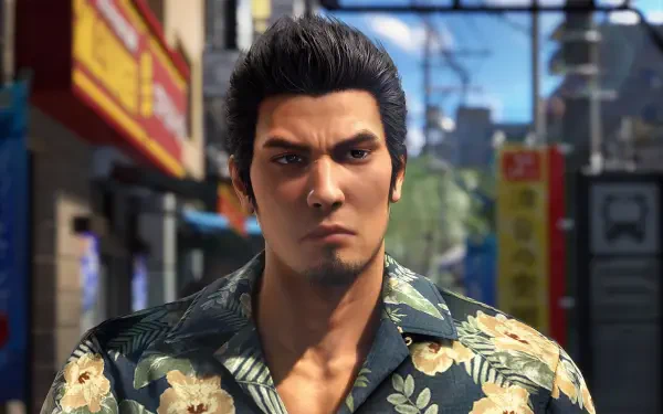 Video game HD PC desktop wallpaper of Yakuza Kiwami 3 & Dark Ties protagonist in a floral shirt, intense gaze, standing on a neon-lit Japanese street.