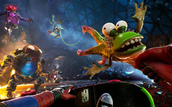 High On Life 2 action game HD PC desktop wallpaper and background — first-person neon alien firefight with a wide-eyed frog-like creature, armed characters and explosive chaos.