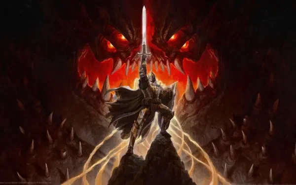 5K Ultra HD PC desktop wallpaper: Diablo IV hack-and-slash scene — paladin Chosen One raises a glowing sword before a towering demonic maw.