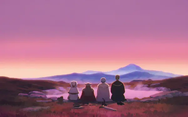 Anime scene from Frieren: Beyond Journey's End — four figures seated on a hill at sunset, overlooking misty valleys and a distant mountain. 4K Ultra HD PC desktop wallpaper/background.