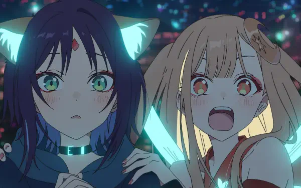 HD PC desktop wallpaper — Anime Cosmic Princess Kaguya!: two girls in a neon cosmic night, dark-haired with glowing cat ears and teal eyes, blonde cheering while holding a luminous blade against starry lights.
