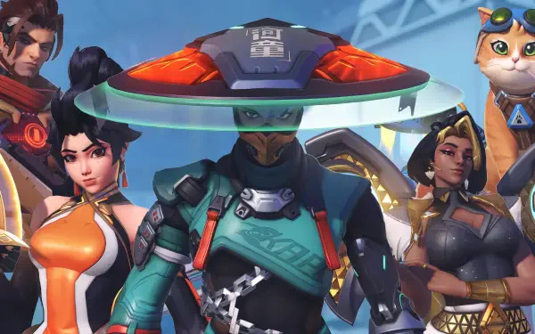 2K Quad HD PC desktop wallpaper of Overwatch FPS roster with Emre (Overwatch) front and center in a tech hat, surrounded by fellow heroes and a small cat companion.