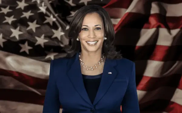 Smiling woman in a navy blazer before a waving American flag, portrait-style 2K Quad HD PC desktop wallpaper.