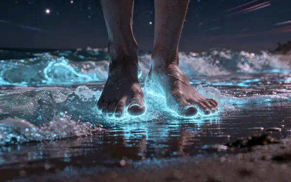 Close-up of bare feet stepping into bioluminescent surf at night, glowing blue waves lapping sand — 4K Ultra HD PC Desktop Wallpaper and Background.